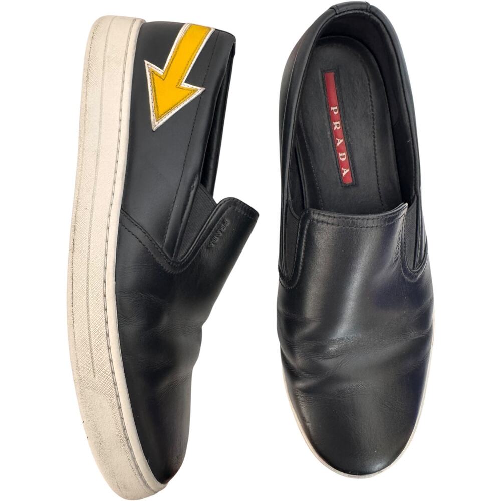 Prada slip on sneakers Linea Rossa Black Leather Yellow Arrow Italy Lady 9 M 7.5